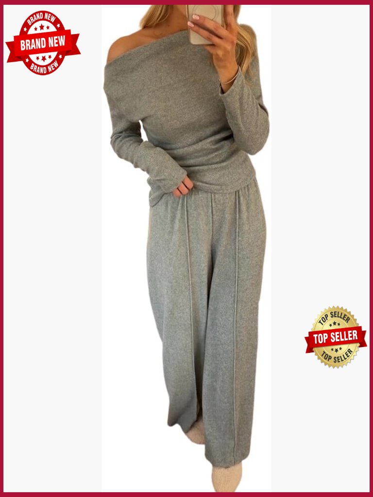 Rib Knit Off Shoulder Top Wide Leg Pants Set Lounge Casual Travel
